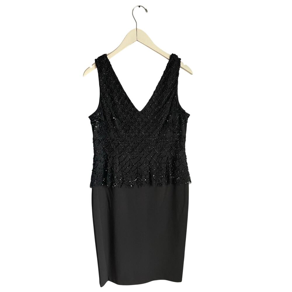 Adrianna Papell Black Beaded Cocktail Dress sz 12 MOB Mature Conservative Modest